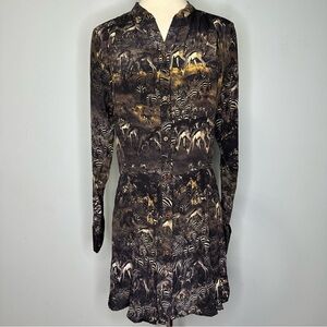 Edun Women’s Long Sleeve Silk Mini Shirt Dress In Jungle Zebra Animal Print M